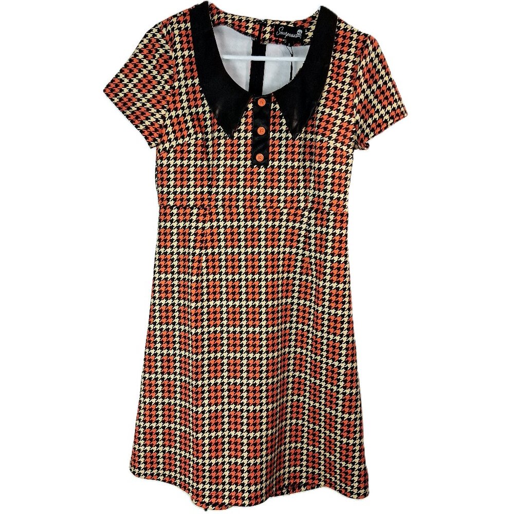 Sourpuss Mini Dress Women's Size Small Orange Black Houndstooth Collared